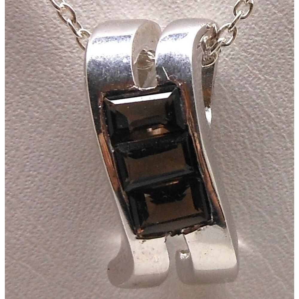 1990's Vintage Sterling Silver Smokey Topaz Gemstone‎ Pendant Necklace 18" Chain